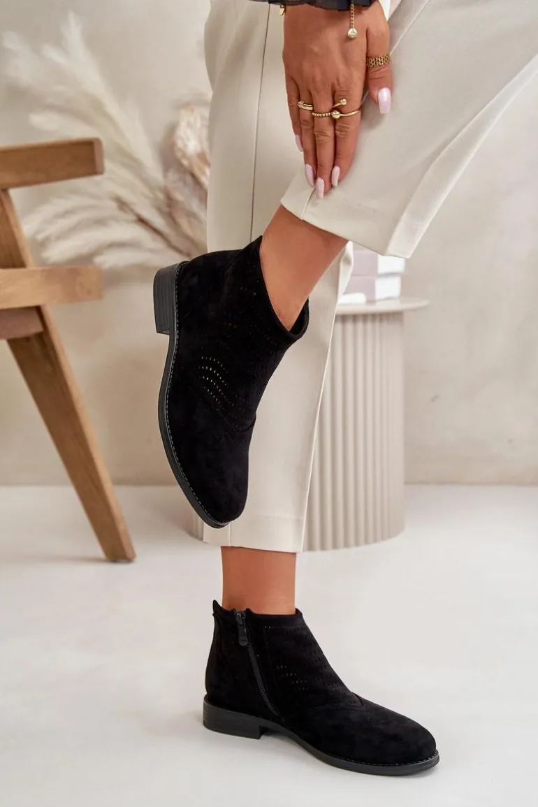 Botki Damskie Na Płaskim Obcasie Ażurowe Czarne S.Barski HY42-076