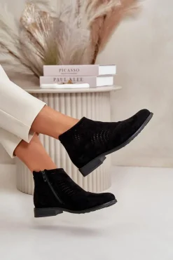 Botki Damskie Na Płaskim Obcasie Ażurowe Czarne S.Barski HY42-076