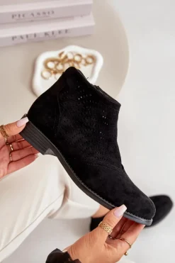 Botki Damskie Na Płaskim Obcasie Ażurowe Czarne S.Barski HY42-076