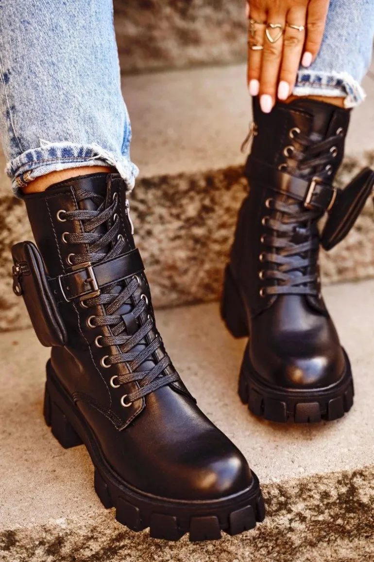 Botki Damskie Na Platformie Ocieplane Czarne Verdem