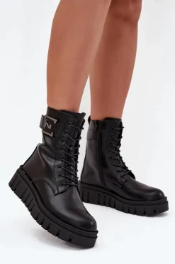 Botki Damskie Na Platformie Z Ozdobnym Detalem Ocieplane Czarne Lyrana