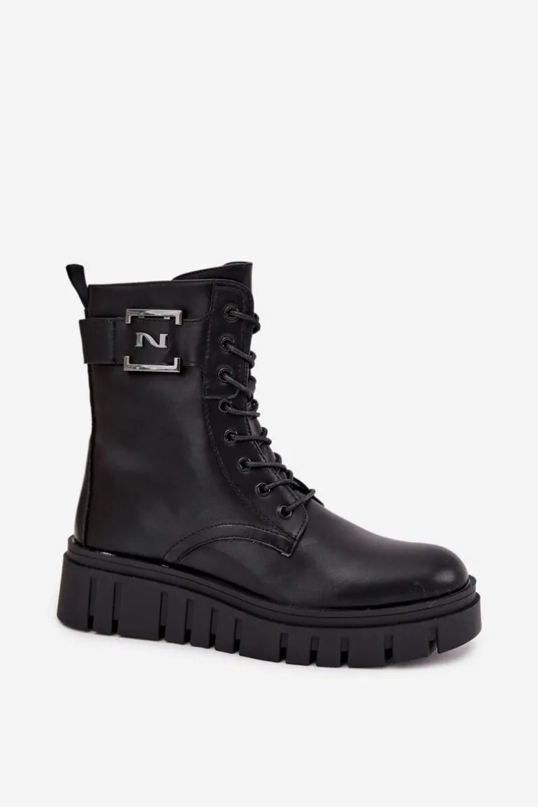 Botki Damskie Na Platformie Z Ozdobnym Detalem Ocieplane Czarne Lyrana