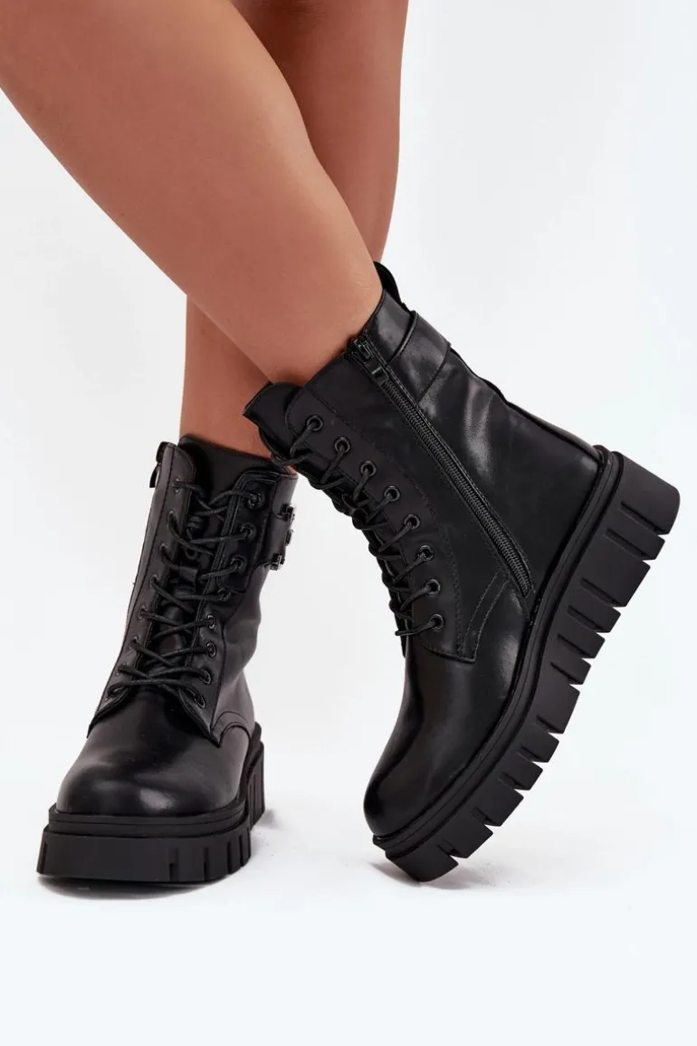 Botki Damskie Na Platformie Z Ozdobnym Detalem Ocieplane Czarne Lyrana