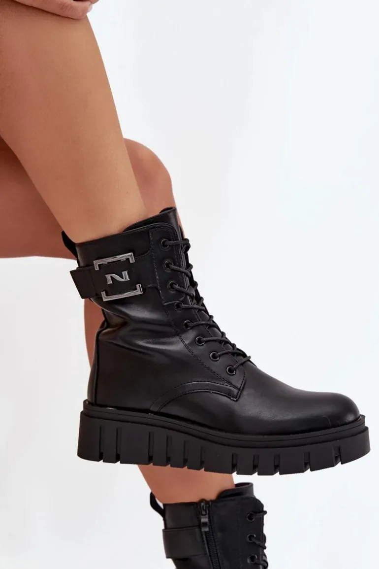 Botki Damskie Na Platformie Z Ozdobnym Detalem Ocieplane Czarne Lyrana