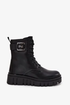 Botki Damskie Na Platformie Z Ozdobnym Detalem Ocieplane Czarne Lyrana