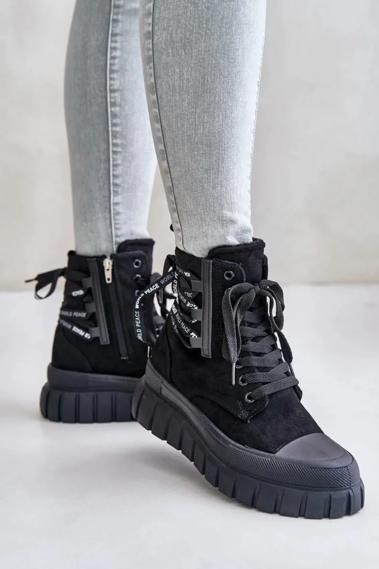 Botki Damskie Na Platformie Z Ozdobnym Sznurowaniem Czarne Edidda