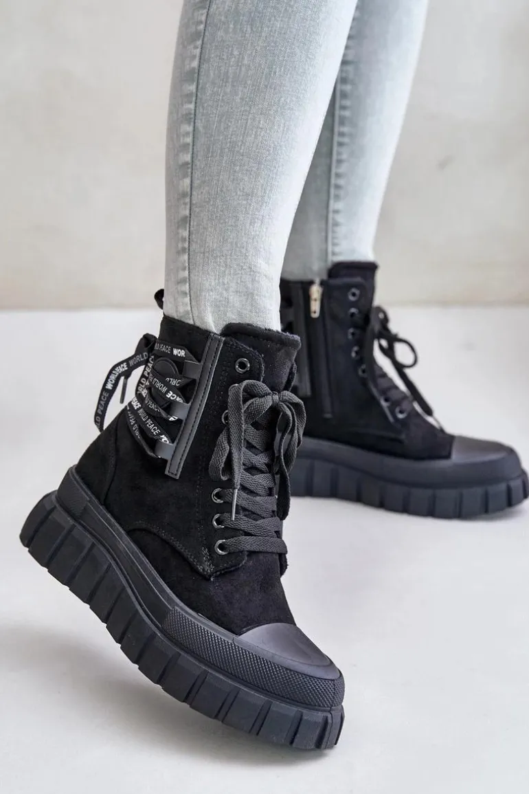 Botki Damskie Na Platformie Z Ozdobnym Sznurowaniem Czarne Edidda