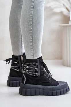 Botki Damskie Na Platformie Z Ozdobnym Sznurowaniem Czarne Edidda