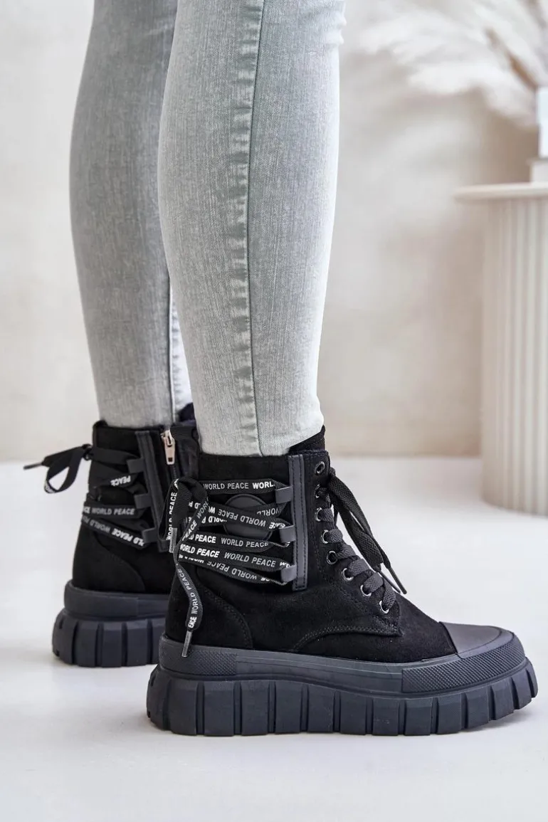 Botki Damskie Na Platformie Z Ozdobnym Sznurowaniem Czarne Edidda
