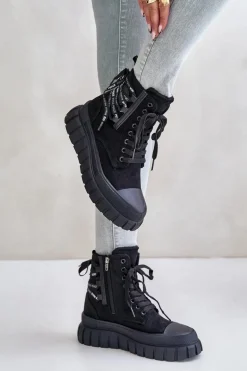 Botki Damskie Na Platformie Z Ozdobnym Sznurowaniem Czarne Edidda