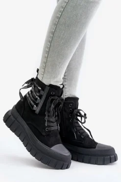 Botki Damskie Na Platformie Z Ozdobnym Sznurowaniem Czarne Edidda