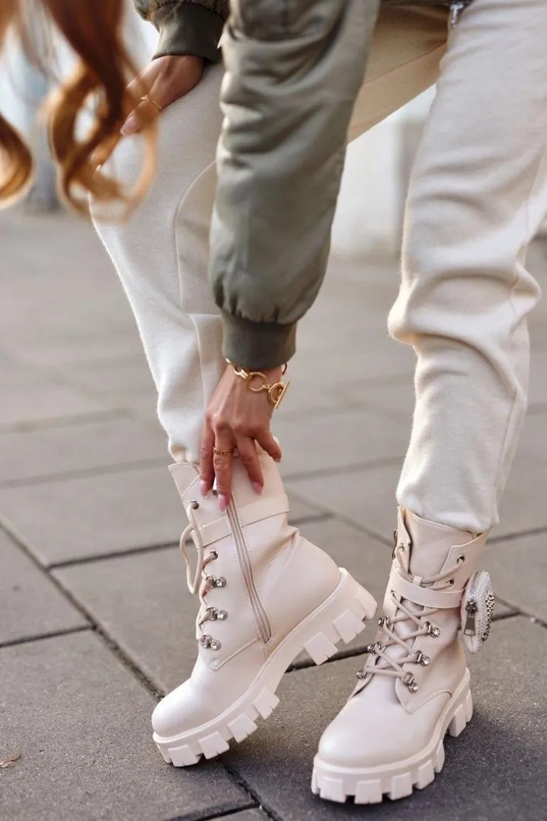 Botki Damskie Na Platformie Ocieplane Beżowe Seul