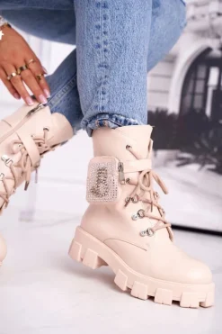 Botki Damskie Na Platformie Ocieplane Beżowe Seul