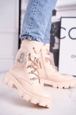 Botki Damskie Na Platformie Ocieplane Beżowe Seul