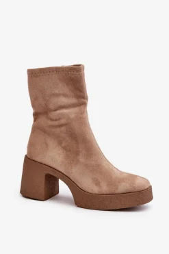 Botki Damskie Na Platformie I Masywnym Obcasie S.Barski HY42-739 Beżowe