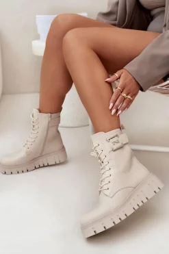 Botki Damskie Na Platformie Z Ozdobnym Detalem Ocieplane Jasnobeżowe Lyrana