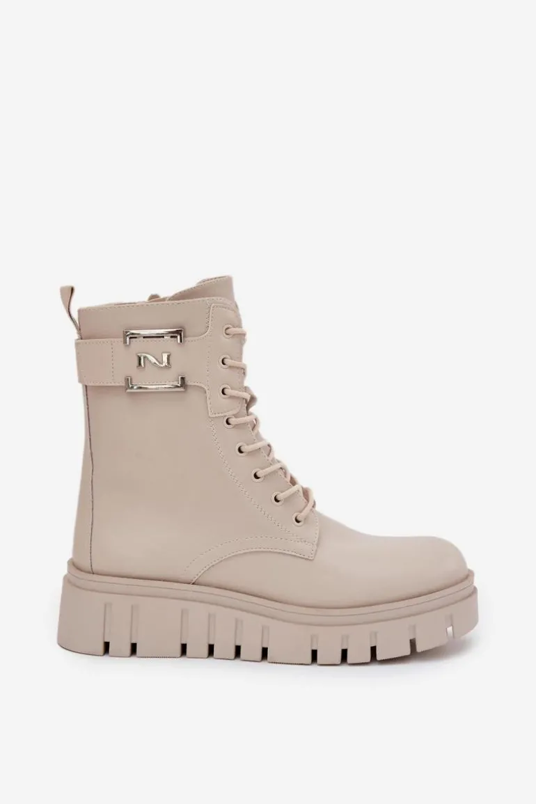 Botki Damskie Na Platformie Z Ozdobnym Detalem Ocieplane Jasnobeżowe Lyrana