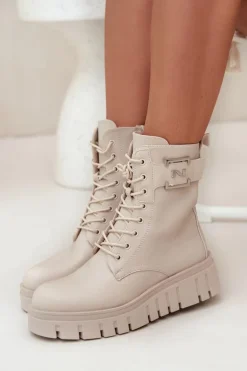 Botki Damskie Na Platformie Z Ozdobnym Detalem Ocieplane Jasnobeżowe Lyrana