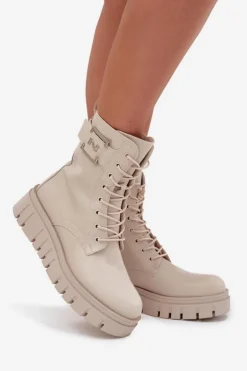 Botki Damskie Na Platformie Z Ozdobnym Detalem Ocieplane Jasnobeżowe Lyrana