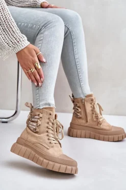 Botki Damskie Na Platformie Z Ozdobnym Sznurowaniem Brązowe Edidda