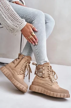 Botki Damskie Na Platformie Z Ozdobnym Sznurowaniem Brązowe Edidda