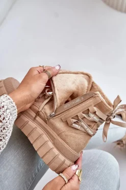 Botki Damskie Na Platformie Z Ozdobnym Sznurowaniem Brązowe Edidda