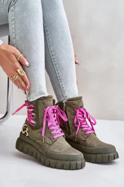 Botki Damskie Na Platformie Z Ozdobnym Sznurowaniem Panterka Zielone Edidda