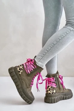 Botki Damskie Na Platformie Z Ozdobnym Sznurowaniem Panterka Zielone Edidda