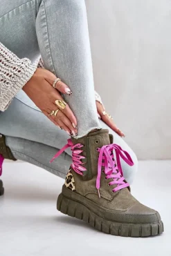 Botki Damskie Na Platformie Z Ozdobnym Sznurowaniem Panterka Zielone Edidda
