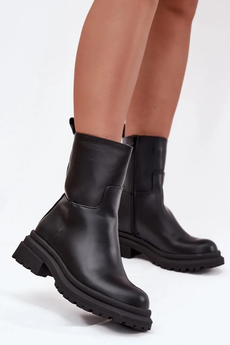 Botki Damskie Na Platformie I Płaskim Obcasie Czarne Levira