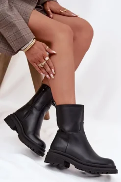 Botki Damskie Na Platformie I Płaskim Obcasie Czarne Levira