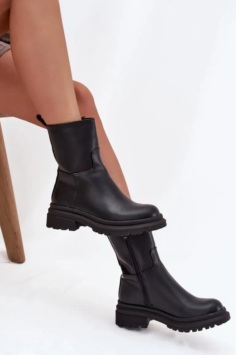 Botki Damskie Na Platformie I Płaskim Obcasie Czarne Levira