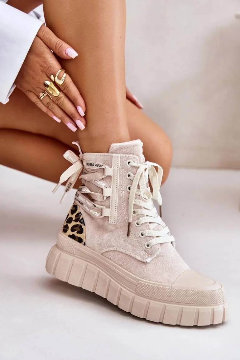 Botki Damskie Na Platformie Z Ozdobnym Sznurowaniem Panterka Jasnobeżowe Edidda