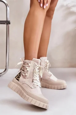 Botki Damskie Na Platformie Z Ozdobnym Sznurowaniem Panterka Jasnobeżowe Edidda