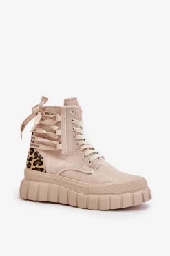 Botki Damskie Na Platformie Z Ozdobnym Sznurowaniem Panterka Jasnobeżowe Edidda