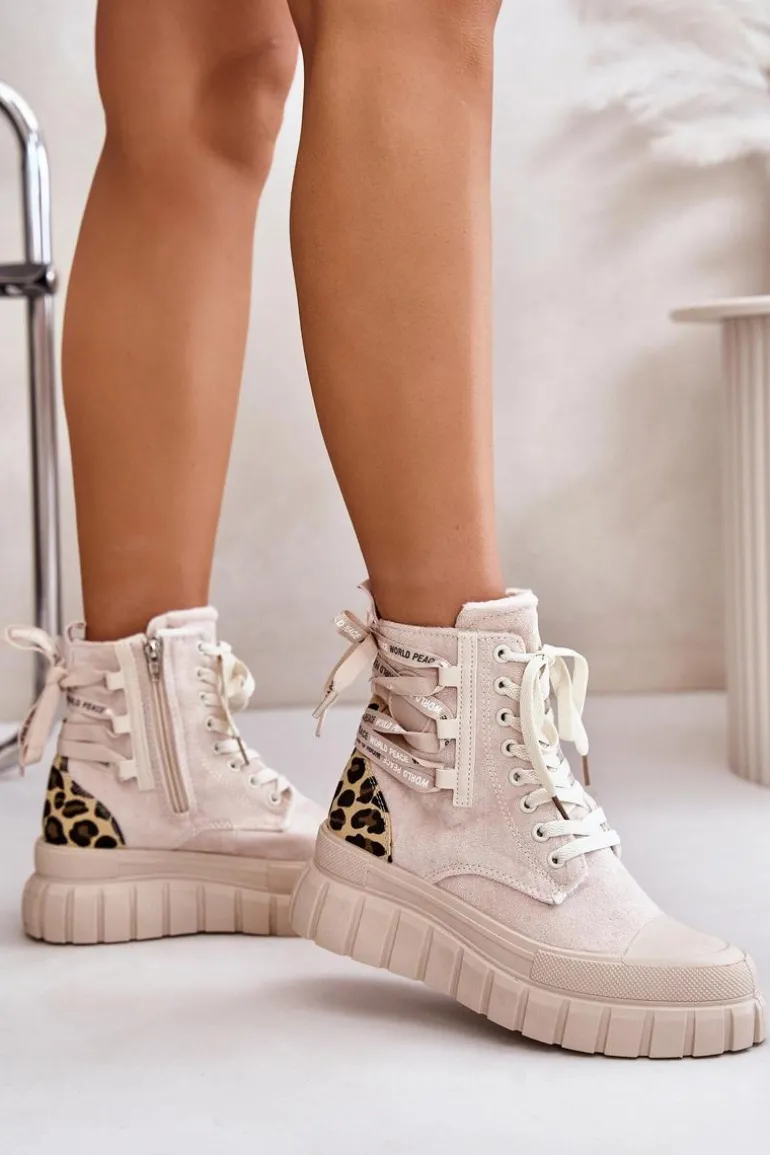 Botki Damskie Na Platformie Z Ozdobnym Sznurowaniem Panterka Jasnobeżowe Edidda