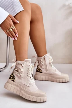 Botki Damskie Na Platformie Z Ozdobnym Sznurowaniem Panterka Jasnobeżowe Edidda