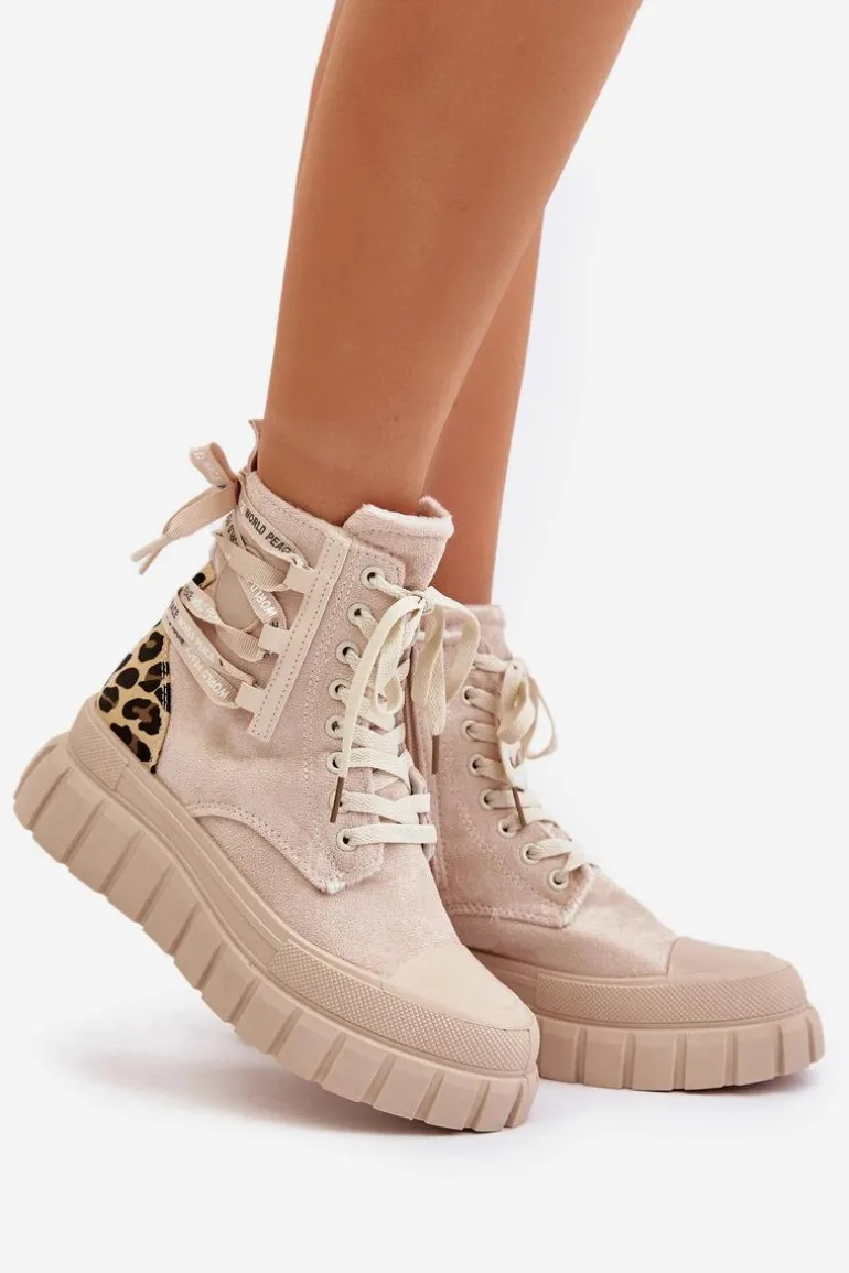Botki Damskie Na Platformie Z Ozdobnym Sznurowaniem Panterka Jasnobeżowe Edidda