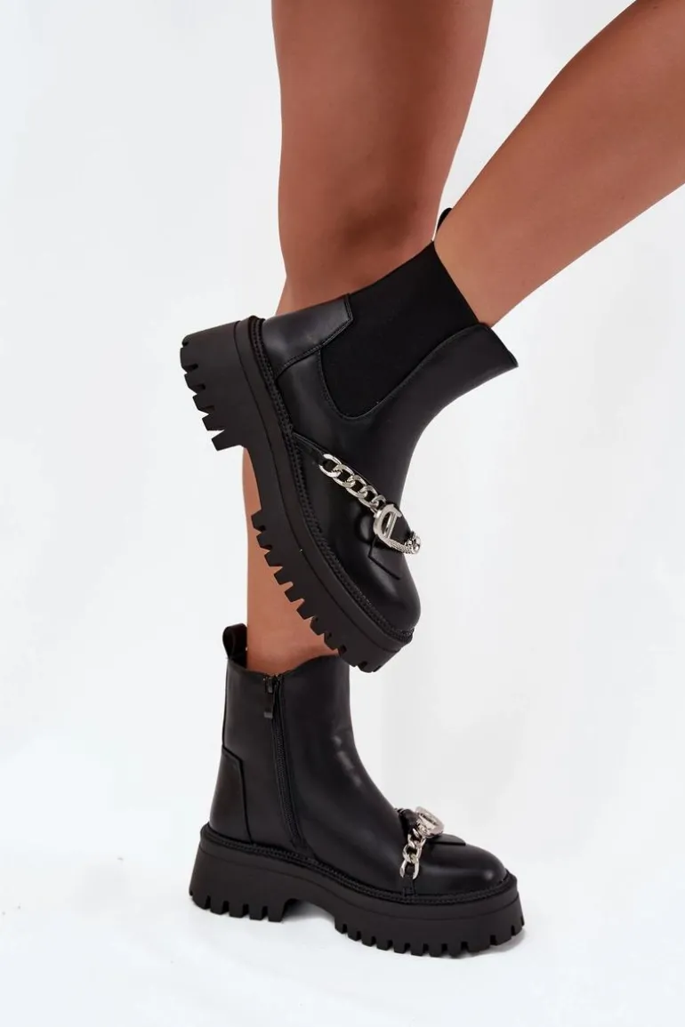 Botki Damskie Na Platformie Z Łańcuchem Czarne Marvella
