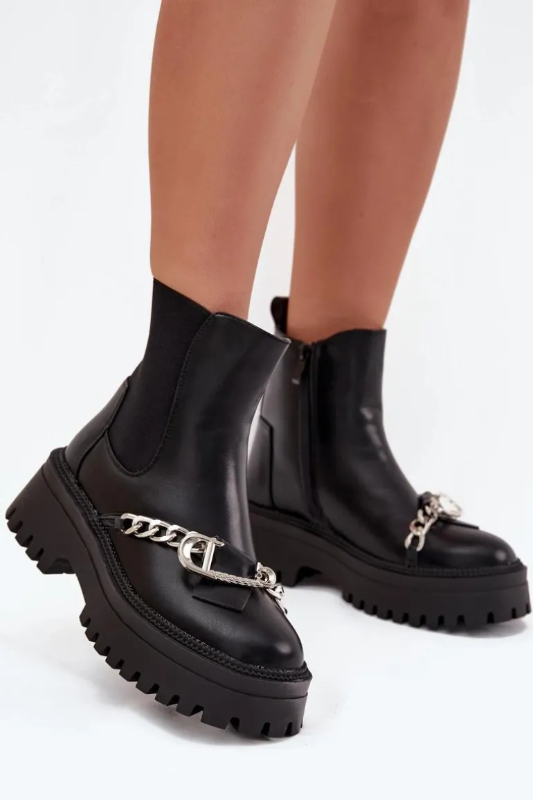 Botki Damskie Na Platformie Z Łańcuchem Czarne Marvella