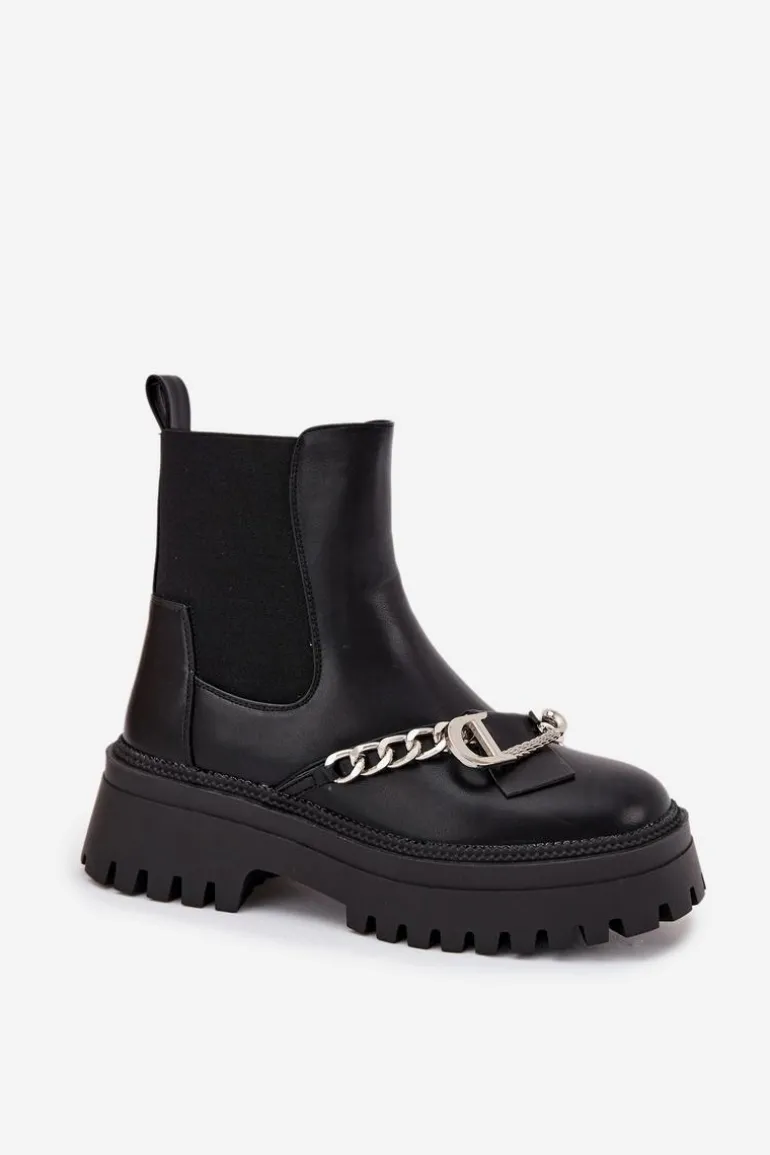 Botki Damskie Na Platformie Z Łańcuchem Czarne Marvella