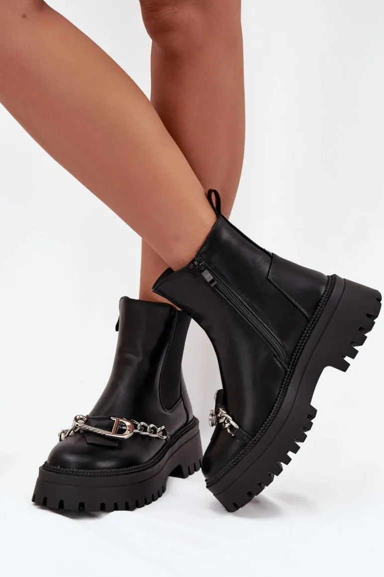 Botki Damskie Na Platformie Z Łańcuchem Czarne Marvella