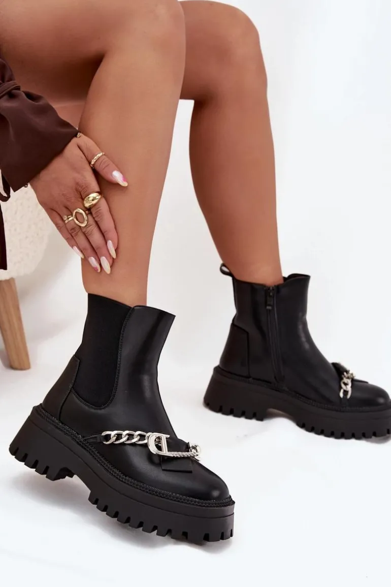 Botki Damskie Na Platformie Z Łańcuchem Czarne Marvella