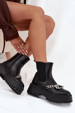 Botki Damskie Na Platformie Z Łańcuchem Czarne Marvella