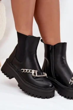 Botki Damskie Na Platformie Z Łańcuchem Czarne Marvella
