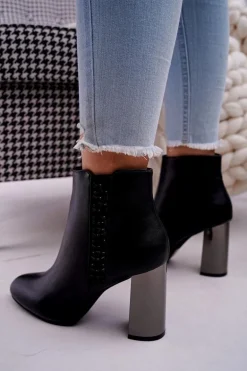 Botki Damskie Na Srebrnym Słupku Czarne Peve