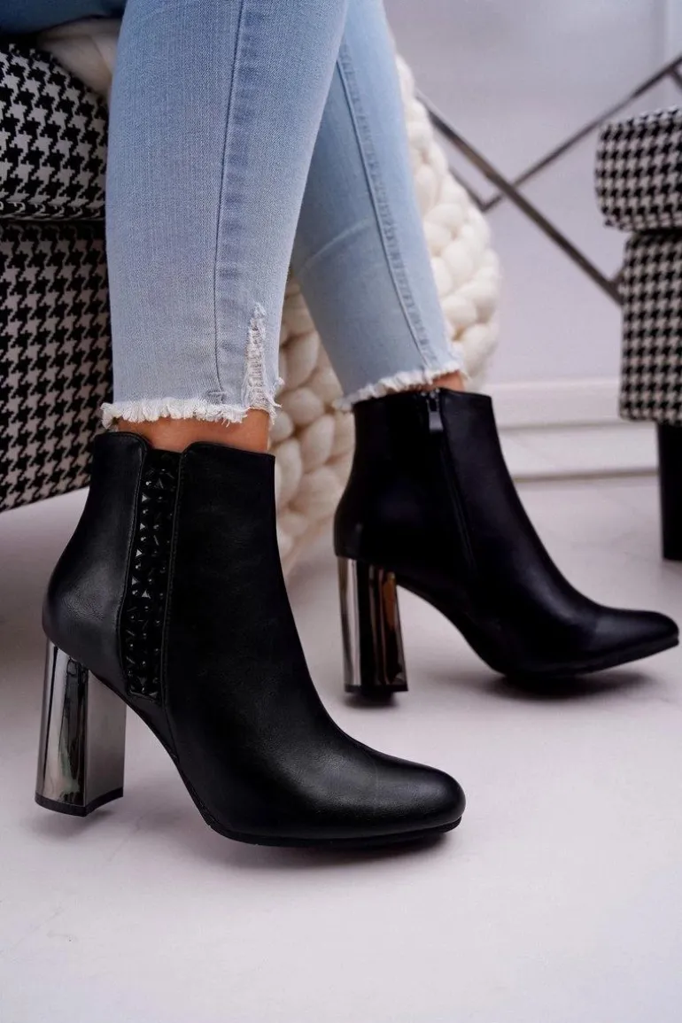 Botki Damskie Na Srebrnym Słupku Czarne Peve