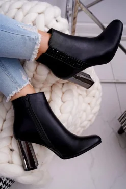 Botki Damskie Na Srebrnym Słupku Czarne Peve