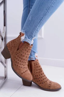 Botki Damskie Na Słupku Ażurowe z Wycięciami Brązowe Mediolan