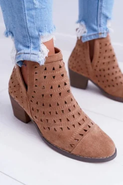 Botki Damskie Na Słupku Ażurowe z Wycięciami Brązowe Mediolan